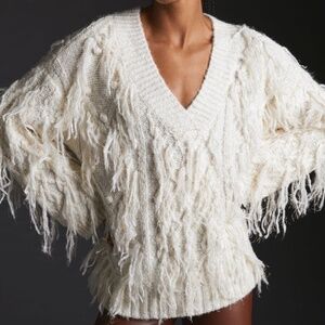 NWT Anthropologie fringed Womens M Oversized Pullover V-neck Cream Boho Sweater